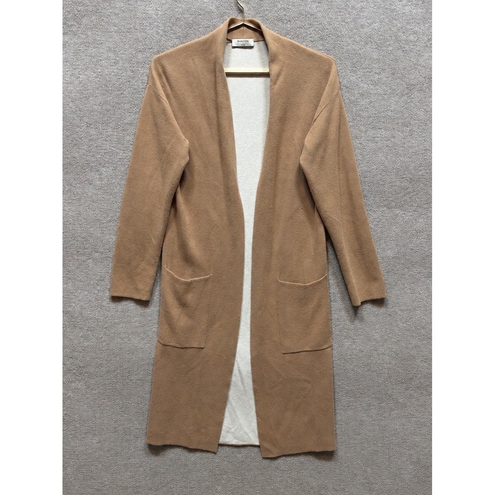 Babaton Long Duster Womens Small Camel Wool Linen Blend Open Front EUC Aritzia